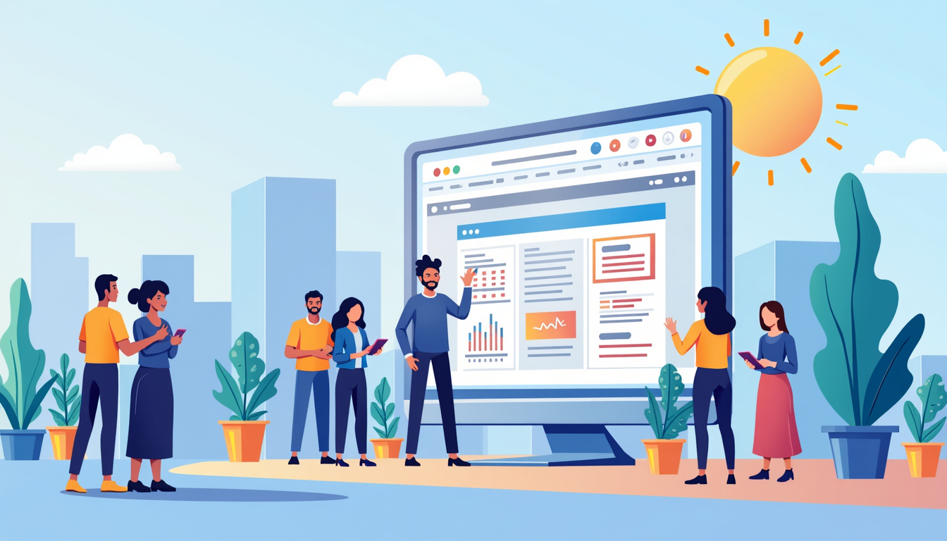 Ilustrație cu un site de anunturi modern și ușor de utilizat, reprezentând procesul de creare și oportunitățile online.