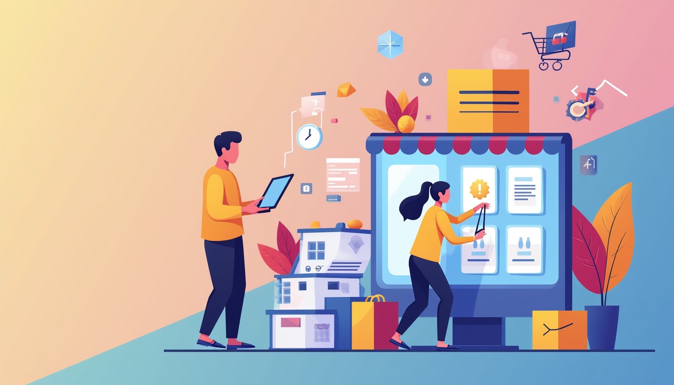Ilustrație cu elemente de realizare site magazin online și succes în e-commerce