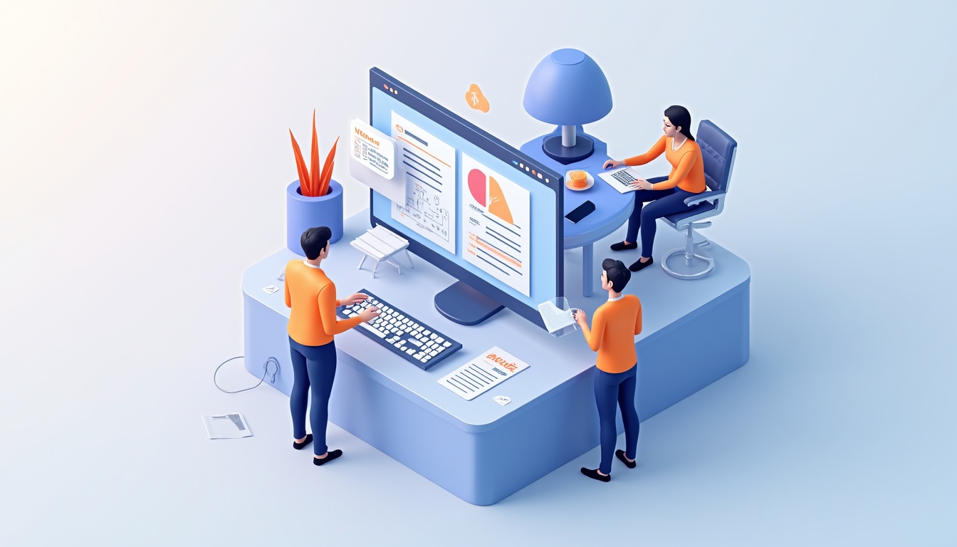 Ilustrație cu elemente de web design, laptop și o firmă creare site