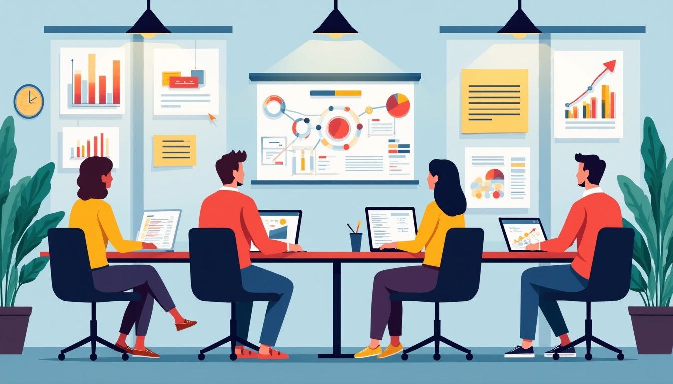 Ilustrație cu elemente de web design, laptop și simboluri ale orașului București, reprezentând o agenție web design